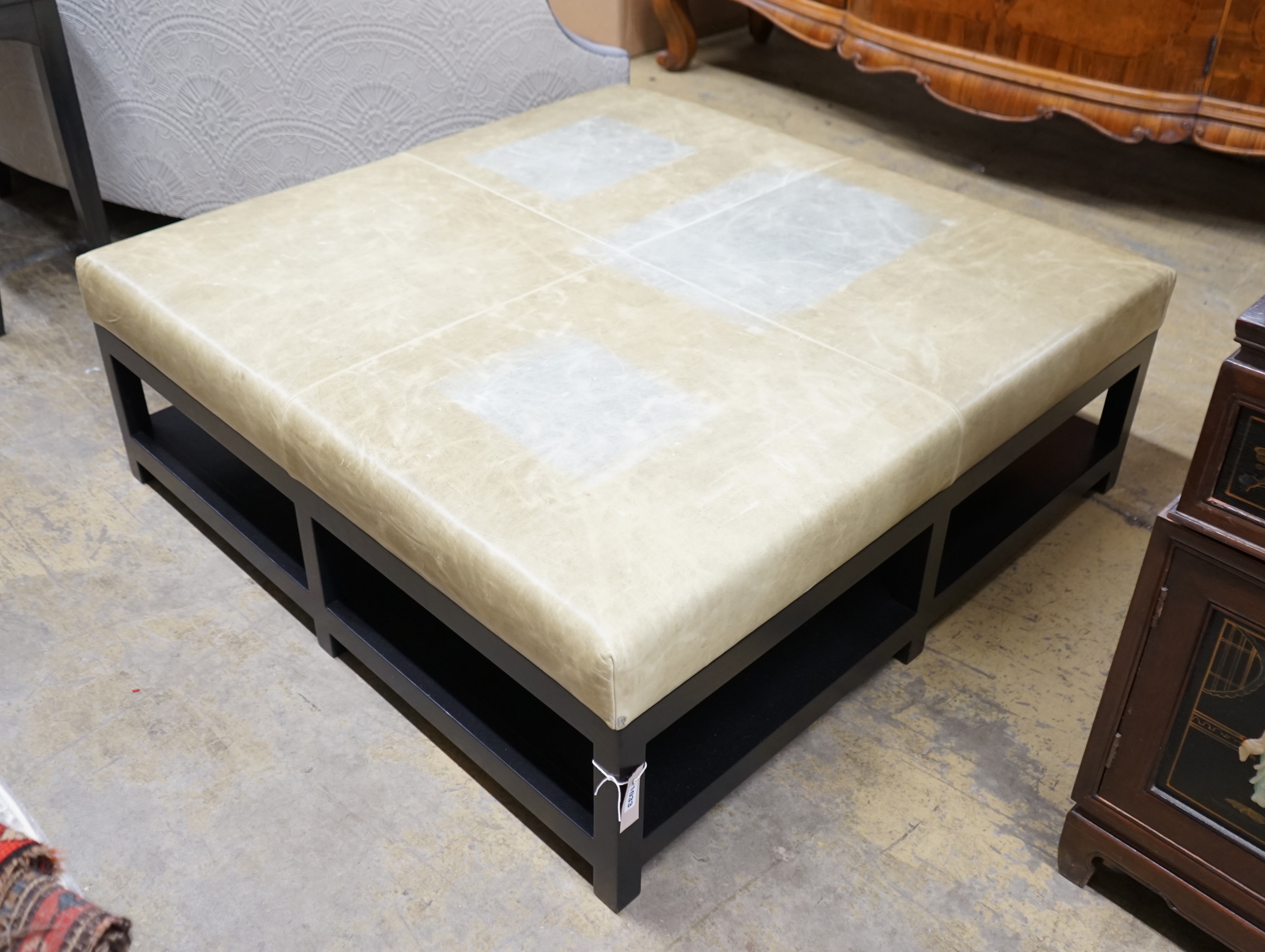 A custom made Bray Design square ottoman stool with Altfield Moore Domaine Cloud Grey leather top, 120cm, height 44cm